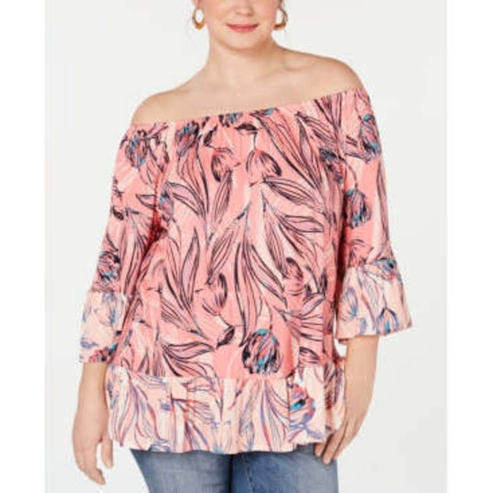 Plus Size 3X Light Pink Off-the-Shoulder Printed Top - Style Co